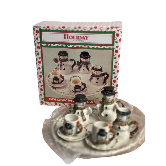 VTG 90s Snowman Miniature Tea Set 8 Pc Ceramic Holiday Christmas Decor w/ Box 2" - Picture 1 of 5